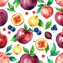 Wall Mural - Watercolor Fruit Seamless Pattern: Apples, Figs, Plums, and Berries