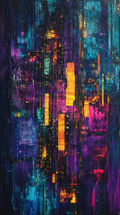 Poster - Colorful abstract painting representing a futuristic cityscape at night, with vibrant colors and vertical brushstrokes