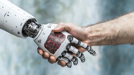 Poster - Humanoid robot shakes hands with human technology lab image modern environment close-up collaboration concept