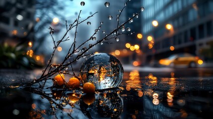 Poster - Urban rainfall reflections city streets photography nighttime ground level global connection concept