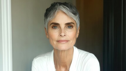 Wall Mural - A woman with grey hair and a white shirt is smiling. She is wearing earrings and has a necklace