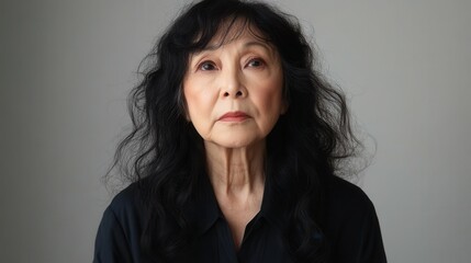 Wall Mural - A woman with long black hair and a black shirt is looking at the camera. She has a serious expression on her face