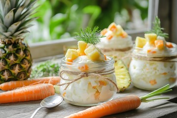 Wall Mural - Colorful jars of carrot-pineapple ice cream showcase blend of vegetables and fruits, garnished with fresh herbs. Concept highlights carrot-pineapple ice cream as unique dessert offering