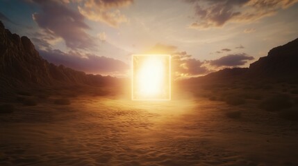 Wall Mural - a glowing square portal illuminating the desert at sunset with mountains in the background.