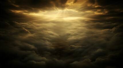 Wall Mural - a dramatic view of golden light shining through dark clouds in a serene sky.