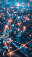 Poster - Aerial view of a futuristic network connecting buildings and roads in a smart city at night, symbolizing data exchange and interconnection