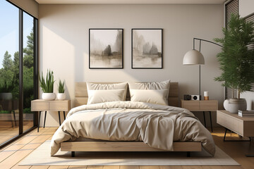 Wall Mural - Minimalist bedroom with a wooden bed frame, soft beige bedding, large windows, natural light, indoor plants, and abstract wall art in a serene setting.