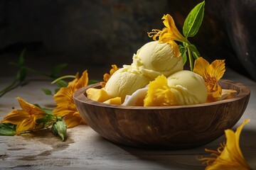 Wall Mural - Delicious patty pan squash ice cream with coconut served in wooden bowl, surrounded by vibrant yellow flowers. Concept features patty pan squash ice cream with coconut in inviting setting