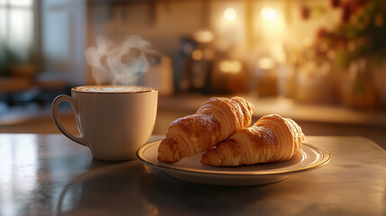 Wall Mural - A steaming cup of latte with two perfectly baked croissants on a ceramic plate