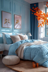 Wall Mural - A cozy bedroom in soft blue tones features a plush bed with layered textiles, elegant wall art, warm natural light, and vibrant orange floral accents.