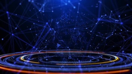 Leinwandbilder - HUD hologram circle elements spinning with blue low poly organic wave. Technology data system connection interface 4K motion.
