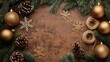 © LELISAT - Natural elements, pinecones, and ornaments arranged on a rustic background for a festive holiday display