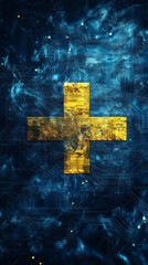 Aufkleber - Golden plus sign overlaying digital circuit board, symbolizing technological innovation and expanding digital capabilities