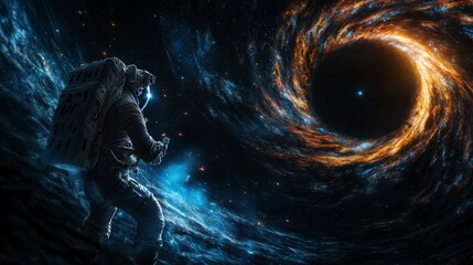 Poster - Exploration concept astronaut in digital art near cosmic black hole in outer space environment