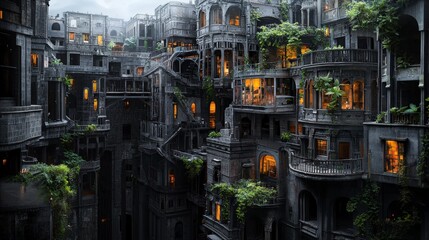 Poster - Surreal cityscape of unique buildings abandoned urban space digital art dreamlike atmosphere bird's eye view