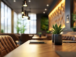 Canvas Print - Wooden Table with Laptop and Plant