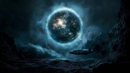 Aufkleber - Surreal spacecraft floating near cosmic sphere dark galaxy digital art mystical environment wide view imagination