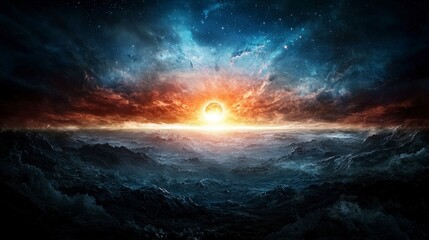Poster - Distant galaxy rising like a sun over mystical landscape cosmic scene dreamy environment surreal view