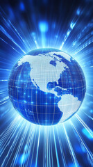 Fototapete - Earth globe rotating and radiating digital information through binary code, representing global communication and technology