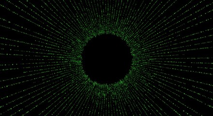 Abstract Green Digital Particle Burst. Stock Photo for Technology, Data, Cyber Security and Futuristic Designs. Neon Green Lights on Black.