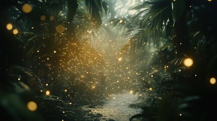 Wall Mural - a serene forest scene filled with glowing lights and lush greenery.
