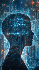 Aufkleber - Cybernetic human profile embedded with digital circuitry, revealing technological integration within advanced metropolitan landscape