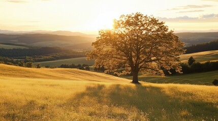 Wall Mural - a large tree standing alone in a golden field during sunset, with mountains in the background.