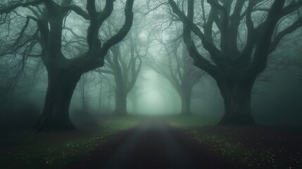 Wall Mural - a serene pathway through a foggy forest with tall, dark trees and soft glowing lights.