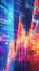 Poster - Financial data rising across vibrant digital screen featuring blurred programming code