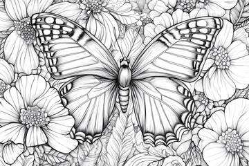 Poster - Black and White Butterfly with Flowers