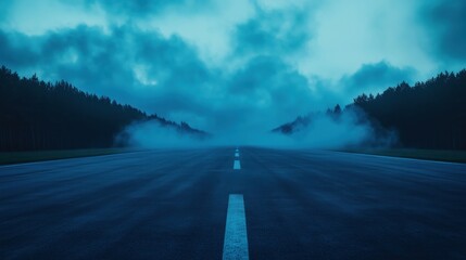 Wall Mural - A long, empty road surrounded by fog and trees under a cloudy sky.