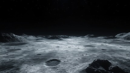 Wall Mural - A vast, desolate lunar landscape with craters and rocky terrain under a starry sky.