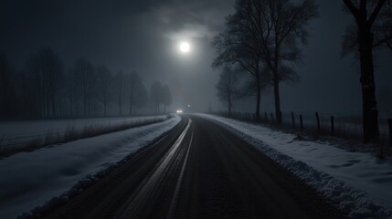 Wall Mural - a winding road under a full moon surrounded by trees and snow at night.