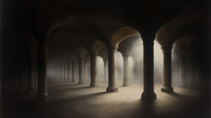 Wall Mural - A dimly lit corridor with tall columns shrouded in mist, creating an eerie atmosphere.