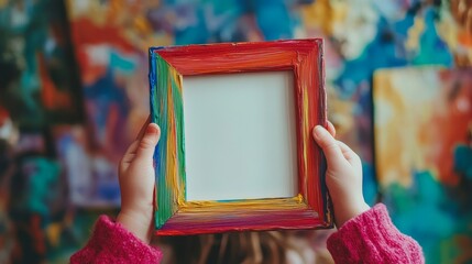 Child's hands holding colorful handmade frame