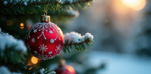Wall Mural - Ornament hanging from the top of Christmas tree branch, shine, frosty