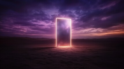 Wall Mural - a glowing portal stands in a vast desert under a dramatic sky at sunset.