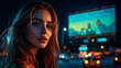 © Ckip - AI-generated advertisement displayed on a massive city billboard at night, featuring a digital model with neon lights and urban traffic in the background.