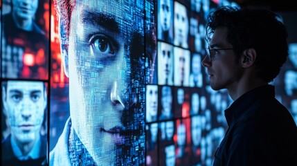cybersecurity specialist analyzing deepfake detection software on a digital display, verifying ai-ge