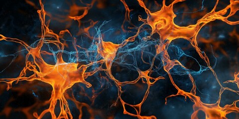 Wall Mural - Intricate neural pathways glowing in vibrant orange and blue showcase a high-tech abstract background with a futuristic aesthetic