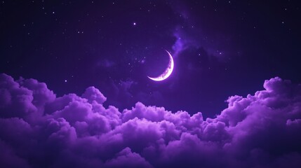 Wall Mural - a beautiful crescent moon shining over fluffy purple clouds in a starry night sky.