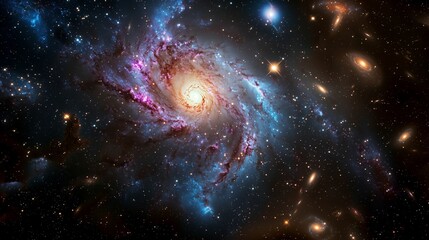 Wall Mural - Spiral Galaxy with Bright Core in Deep Space, Vibrant Colors with Blue and Pink Nebulae, Cosmic Scene with Starry Background, Galactic Center with Radiant Light, Celestial Beauty with Swirling Arms