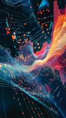 Poster - Complex data visualization with colorful lines, graphs and diagrams flowing over a world map, representing global data analysis and trends