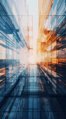 Fototapete - Abstract low angle view of modern glass skyscrapers with reflections and a bright sky in the background