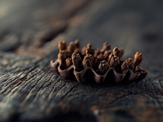 Wall Mural - cloves clustered together on a rustic wooden table, showcasing their unique texture and rich color