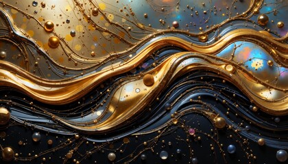 Wall Mural - A gold and blue wave with many small gold and blue beads