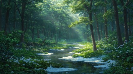 Wall Mural - A tranquil forest scene with a flowing stream surrounded by lush greenery and sunlight filtering through trees.