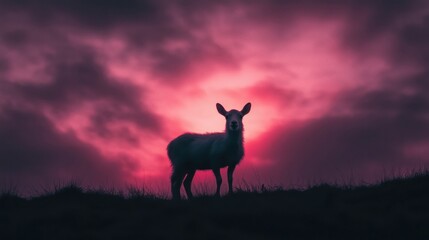 Wall Mural - a silhouette of a goat standing against a vibrant sunset sky with dramatic clouds.