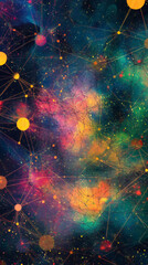 Poster - Cosmic network of interweaving nebulae and star clusters glowing with radiant colors against dark space expanse