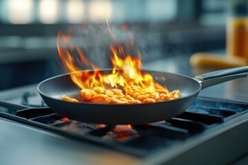 Hot cooking action in professional kitchen